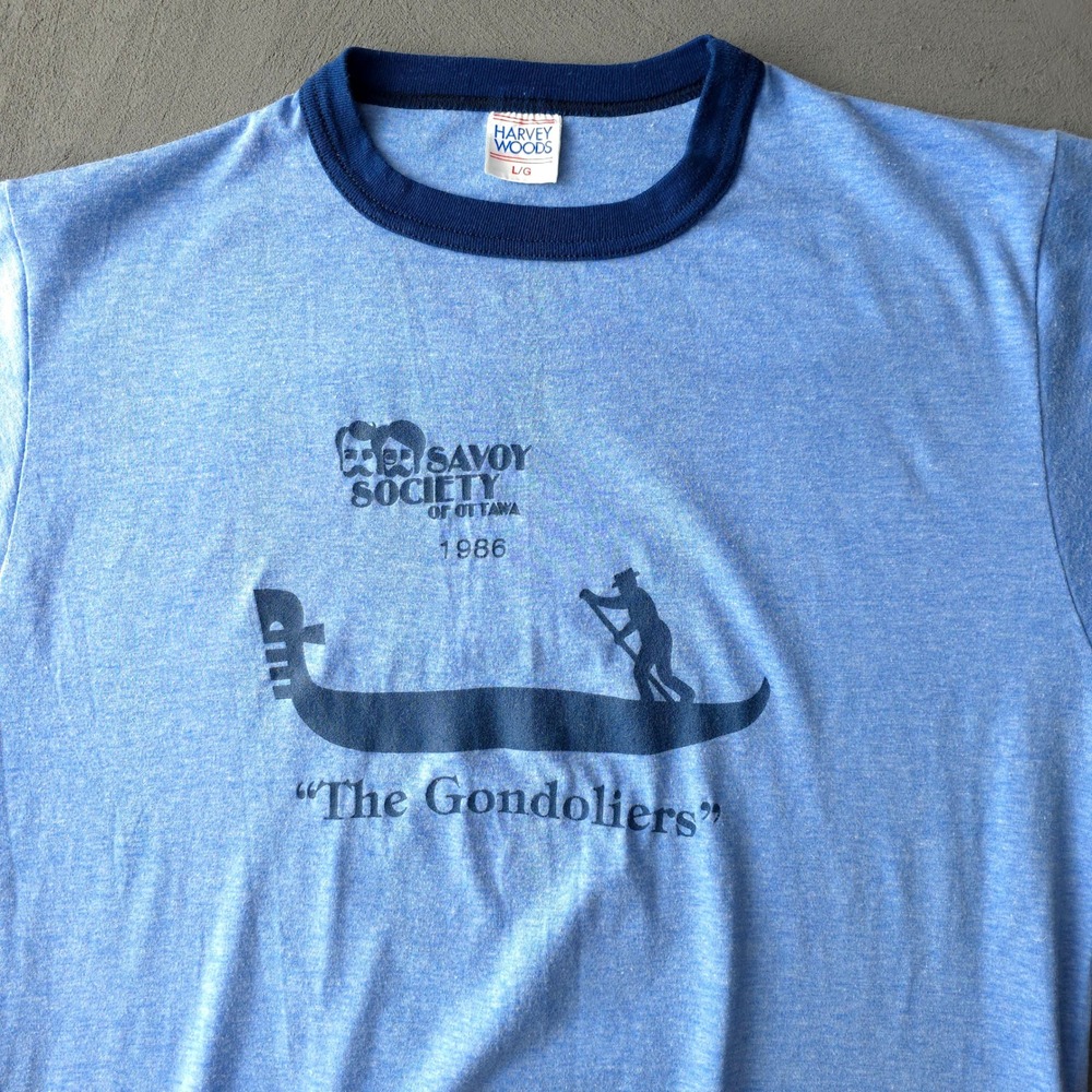 Vintage 80s The Gondoliers Savoy Society T-shirt Large Blue Ringer Harvey Woods - Picture 2 of 7
